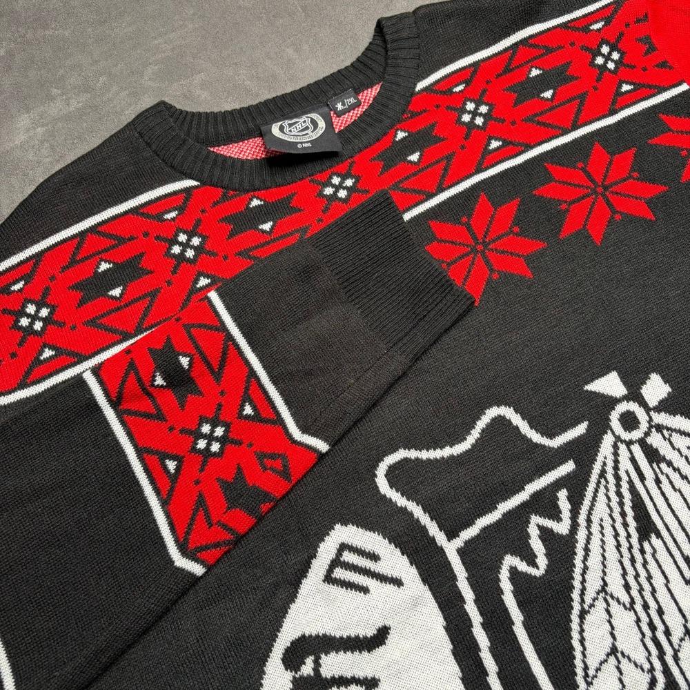 Klew Chicago Blackhawks Sweater Mens XXL Black Red Fair Isle Ugly Christmas NHL